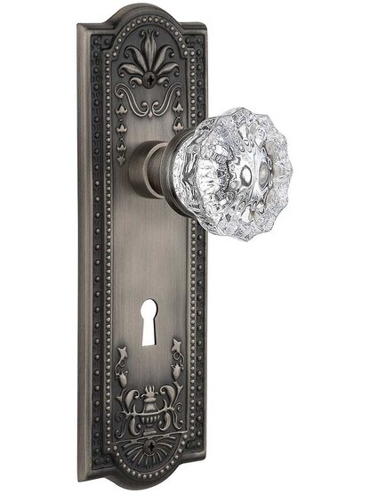 Meadows Door Set with Fluted-Crystal Glass Knobs and Keyhole - 2 3/8 in Antique Pewter.